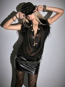 ROMWE Grunge Punk Top de mujer con cuello profundo drapeado y espalda descubierta - Negro - Ver 7