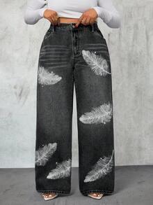 Slaydiva Quần jean ống rộng cạp cao họa tiết lông vũ cỡ lớn cho nữ - màu đen - Xem 5