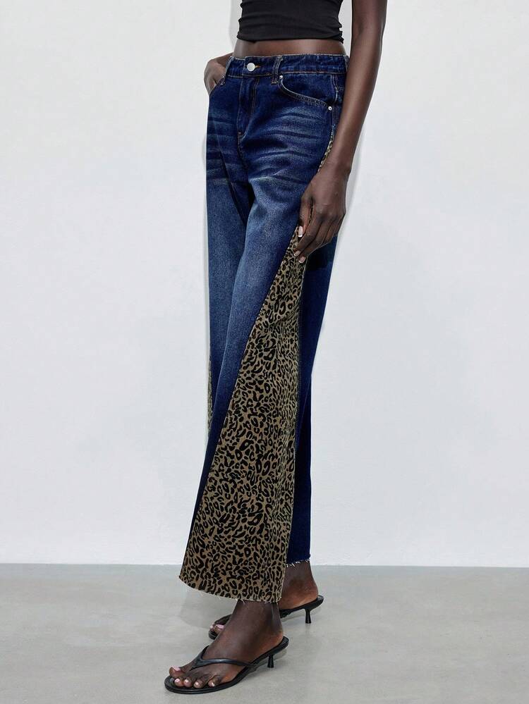SHEIN Maija Women's Casual Fashion Street Leopard Print Patchwork Raw Edge Loose Wide Leg Jeans, Suitable For Urban Commute, Business Casual, Office Wear, Party And Gathering