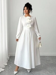 Elenzga Plus Size Women Elegant White Silky Midi Dress For Civil Wedding Bride,Autumn Textured Lace Lantern Sleeve Round Neck With 3D Floral Decor At Chest - White - View 4