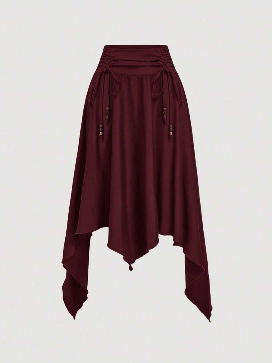 SHEIN MOD 女式纯色时尚不对称下摆不对称珍珠装饰棕色长裙 - 酒紅色 - 查看 1