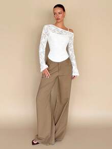 Rafferiza Women's Elegant Solid Color Textured Asymmetric Shoulder Flare Sleeve Top, Autumn - White - View 3