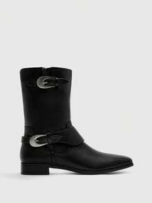 CUCCOO BIZCHIC Women's Buckle Design Pointed Toe Chunky Heel Mid-Calf Boots, Fashionable For Daily Wear - Black - View 2