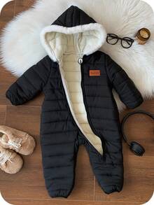 Newborn Baby Boy Unisex Thermal-Lined Hooded Jumpsuit, Thick Winter Snowsuit