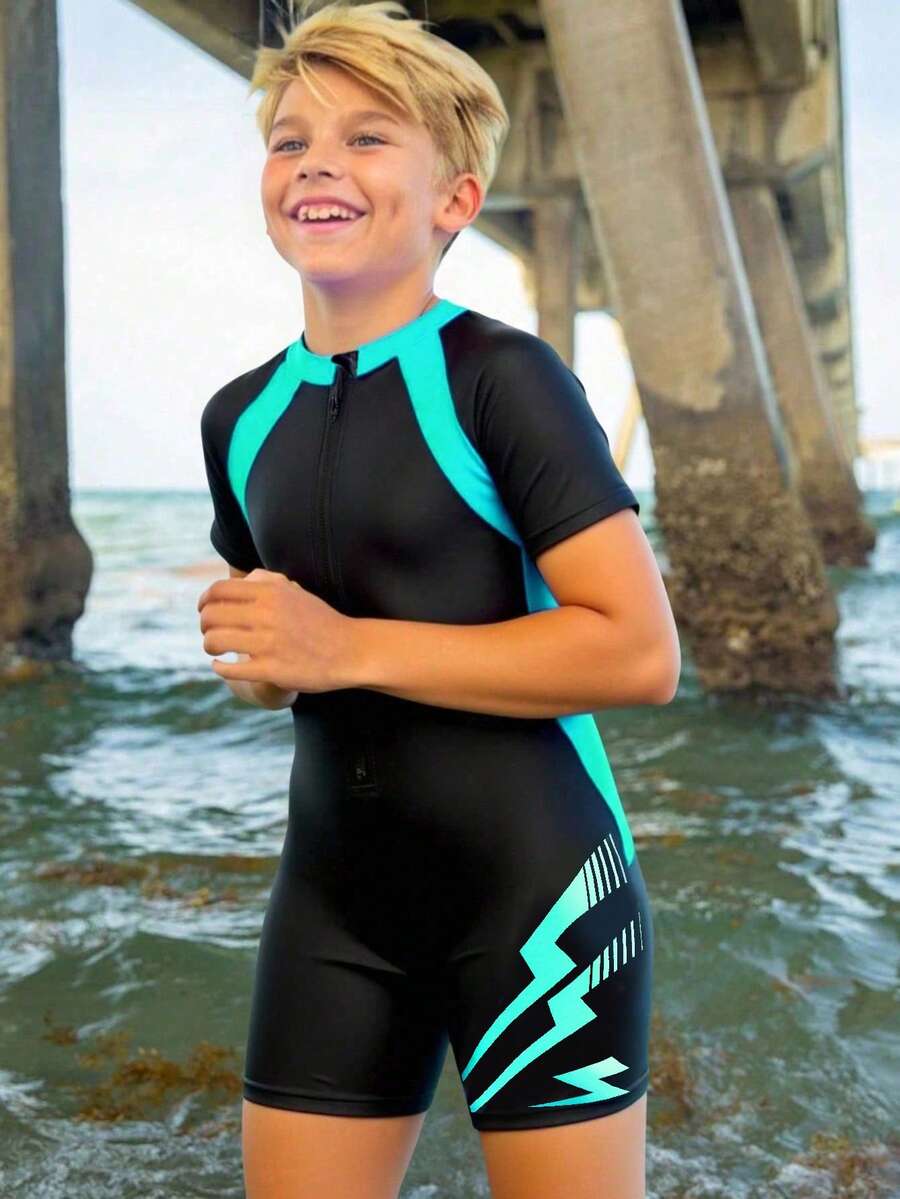 SHEIN Tween Boy Casual Sports Graphic One-Piece Swimsuit For Beach, Swimming, Surfing - Blue - View 1