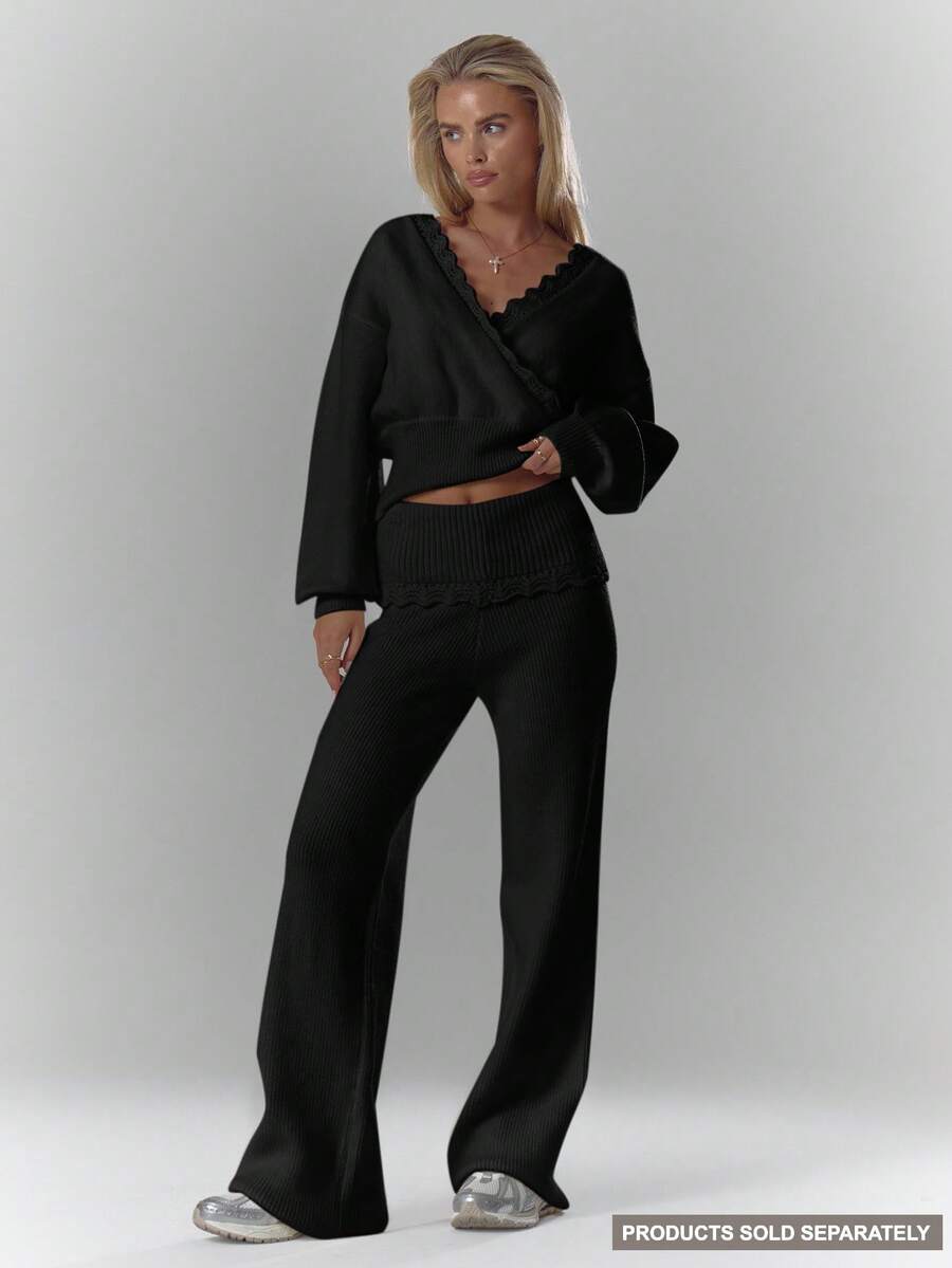 MUSERA Rib Knit Crochet Detail Foldover Waistband Wide Leg Trousers Bottom Only Cosy Cute Casual Coffee Club Evening Party Elegant   Spring - Black - View 1