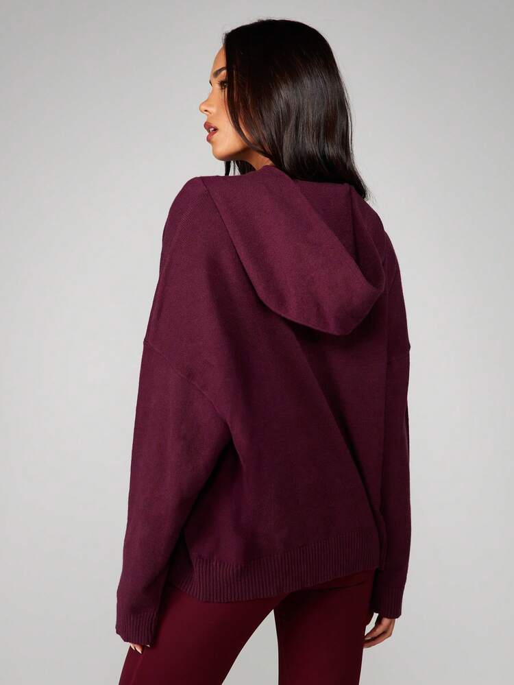 MISSGUIDED Burgundy Cable Knit Hoodie Sweater With Ribbed Hem For Fall Winter Cozy Loungewear Christmas