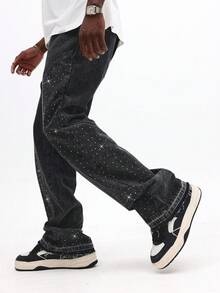 SUMWON Flare Leg Rhinestone Sparkle Embellished Denim Jeans With Star Decorations For Festival Concert Outfits Plain - Black - View 2