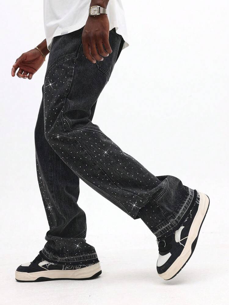 Flare Leg Sparkle Rhinestone Jeans With Star Details