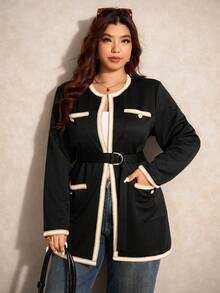 Elaquor Plus Size Elegant Commuter Color Block Ribbon Jacket Autumn Winter Clothes For Women - Black - View 5