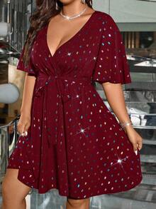 SHEIN Clasi Plus Size Women Laser Sequin Waist Flattering Elegant Light Cocktail Dress - Burgundy - View 4