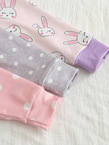6pcs/Set Baby Girls' Soft & Comfortable Pajama Set, Pink Polka Dot Rabbit Embroidery, Rabbit Ear Decor, Playful & Cute Rabbit Print Home Outfit - Multicolor - View 3