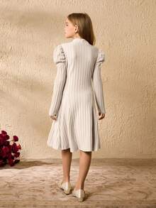 青少年女孩时尚羊腿袖领结连衣裙 - 杏色 - 查看 2