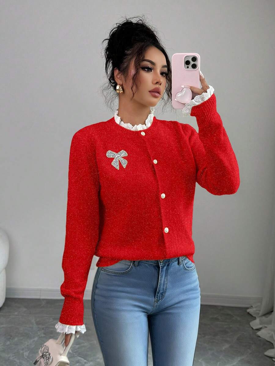 Elenzga Áo khoác cardigan nữ thanh lịch phối ren hoa, thích hợp mùa thu/đông, có khuy cài và nơ đính đá, áo len chui đầu sang trọng cho tiệc tùng và Giáng sinh/Năm mới, màu đỏ. - Đỏ - Xem 1