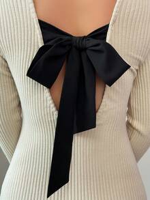 SHEIN Elenzya Women's Ribbed Knit Dress With Bow Back Detail, Elegant For Autumn/Winter - Apricot - View 7