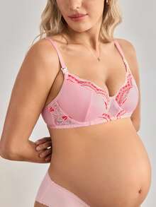 Moonlight&Mama Soutien-gorge d'allaitement en dentelle patchwork de Noël, maternité et allaitement, couleurs contrastées, pour femmes enceintes et en post-partum - Rose bonbon - Voir 3