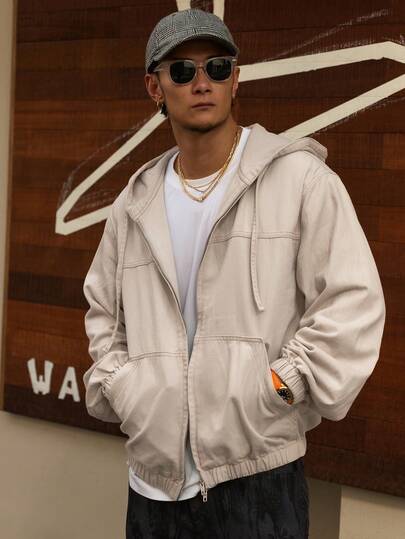 DAZY Men's Solid Color Washed Hoodie Design Black Denim Jacket, Autumn