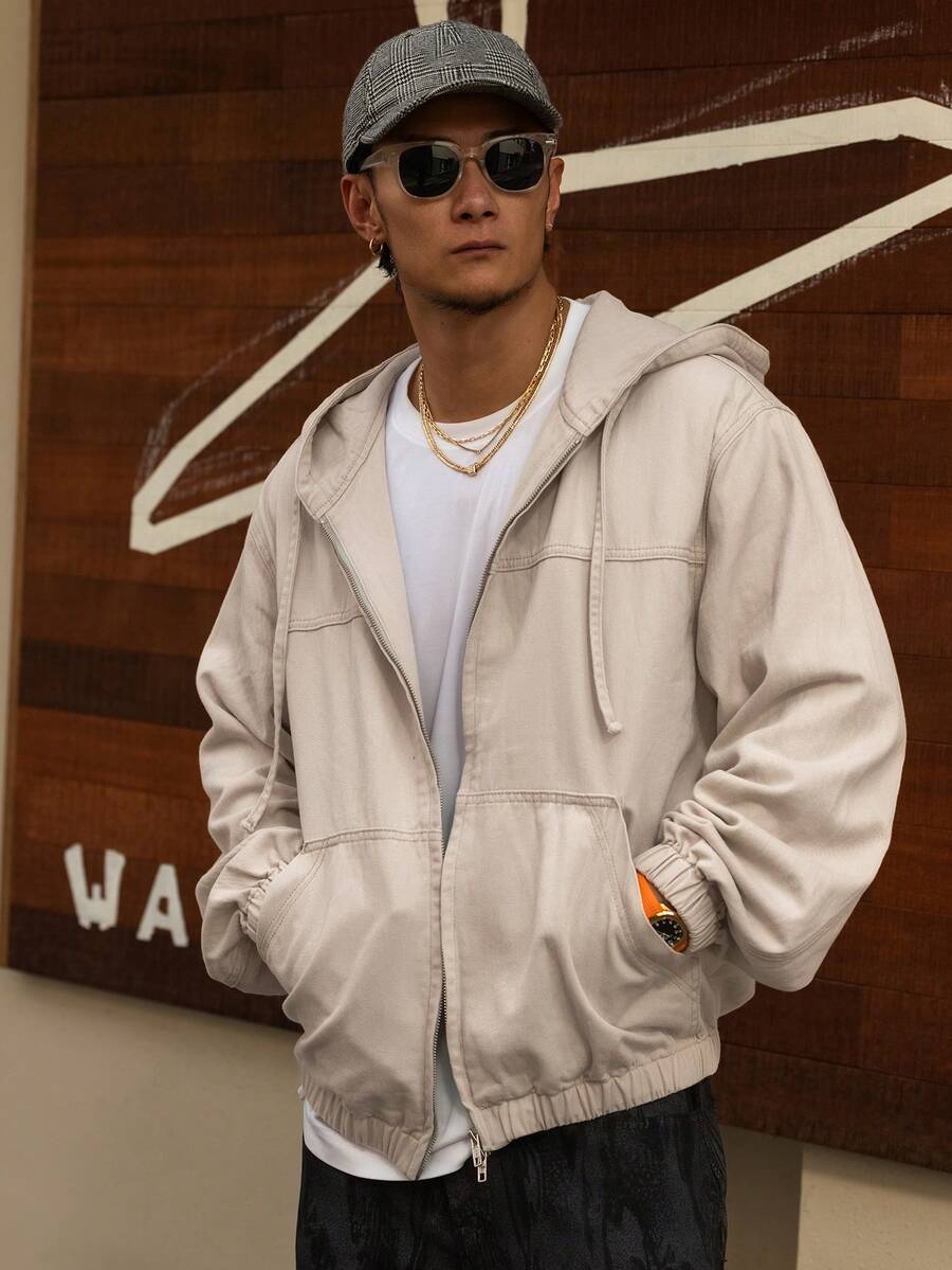 DAZY Men's Solid Color Washed Hoodie Design Black Denim Jacket, Autumn - Light Grey - View 1