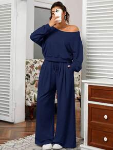 SHEIN EZwear 大码女式休闲日常通勤简约纯色不对称领口落肩宽松卫衣搭配抽绳腰阔腿运动裤套装，春秋季