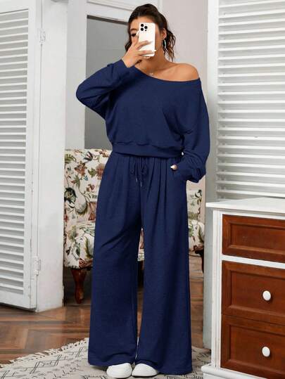 SHEIN EZwear 大码女式休闲日常通勤简约纯色不对称领口落肩宽松卫衣搭配抽绳腰阔腿运动裤套装，春秋季