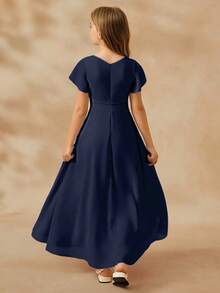 女童优雅V领无袖高腰长款不对称下摆雪纺蓝色连衣裙 - 藏蓝色 - 查看 2