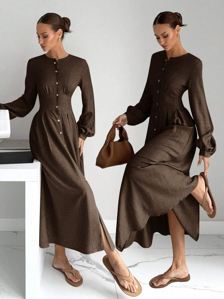 Siren Gaze Women's Solid Color Round Neck Lantern Sleeve Single-Breasted Elegant Long Dress Winter Party Brown Evening Dress Spring - Brown - View 1