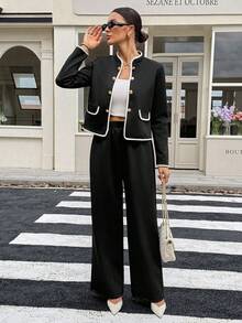 SHEIN Tall 2 件套女士休闲撞色边饰黑色夹克和裤子套装，秋冬套装办公室套装休闲套装 - 黑色 - 查看 6