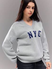 Áo thun cổ chữ V cho bé gái, áo thun dài tay in chữ dáng rộng, áo chui đầu thời trang thường ngày, phù hợp cho mùa thu/đông, ngày lễ, mùa hè, du lịch - Xám - Xem 3