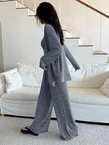 DAZY 三件套柔软针织睡袍，吊带上衣和裤子家居服套装，秋冬服装 - 藍色 - 查看 2