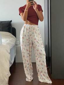 DAZY 2件套女士草莓印花宽松裤和纯色短袖睡衣套装 - 酒紅色 - 查看 5