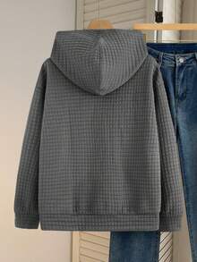 SHEIN 青少年男童休闲宽松舒适百搭织唛装饰纽扣门襟卫衣，适合秋季、冬季、外出、运动穿着。 - 深灰色 - 查看 2