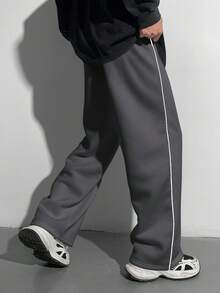 SHEIN 青少年男童宽松直筒裤，撞色黑色饰边，秋冬百搭，适合上学、居家、日常穿着、运动、生日派对、郊游，百搭、简约、复古 - 深灰色 - 查看 7