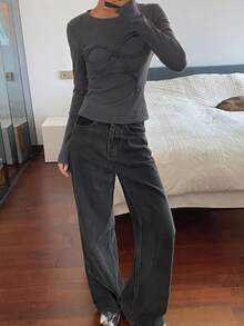 DAZY 女式纯色修身圆领长袖蝴蝶结休闲T恤，秋冬 - 灰色 - 查看 4