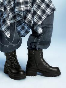 Sugerpunk 女式深色朋克哥特式系带蝙蝠摩托车靴、厚底厚底马靴、软皮踝靴和短靴 - 黑色 - 查看 6