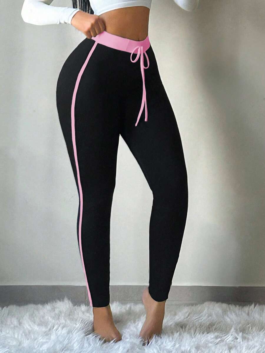 SHEIN SXY 性感休闲高弹力黑白拼接女式长款紧身裤,适合秋冬季 - 淺粉色 - 查看 1