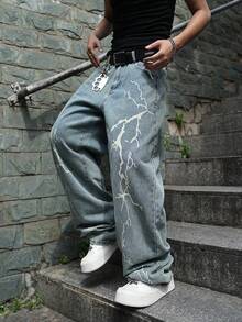 Manfinity EMRG Loose Men's Lightning Print Wide Leg Jeans - Light Wash - View 7