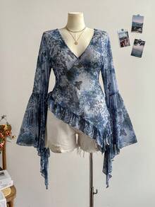 Soleia Plus Size Women Print Deep V-Neck Flare Sleeve Ruffle Hem Blouse - Multicolor - View 5