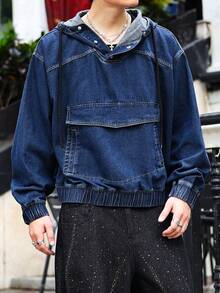 ROMWE MEN Street Life 男士休闲抽绳连帽牛仔夹克，秋季 - 藍色 - 查看 3