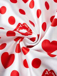 Betty Boop x SHEIN 女式复古优雅卡通人物与波尔卡圆点印花撞色蕾丝吊带睡袍，夏季 - 白色 - 查看 4