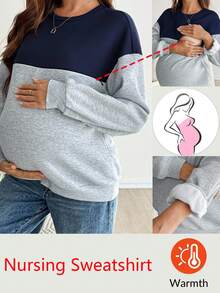 SHEIN Blusa de amamentação casual com estampa de bloco de cores, gola redonda, ombros caídos, manga comprida, forro térmico, outono/inverno - Multicolorido - Ver 1