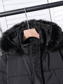 1pc Black Long Casual Style Black Stitching Crafted Long Sleeve Straight Hem Hooded Fur Collar Thick Winter Commute Daily Warm Fashion Versatile Girls Padded Coat - Black - View 5