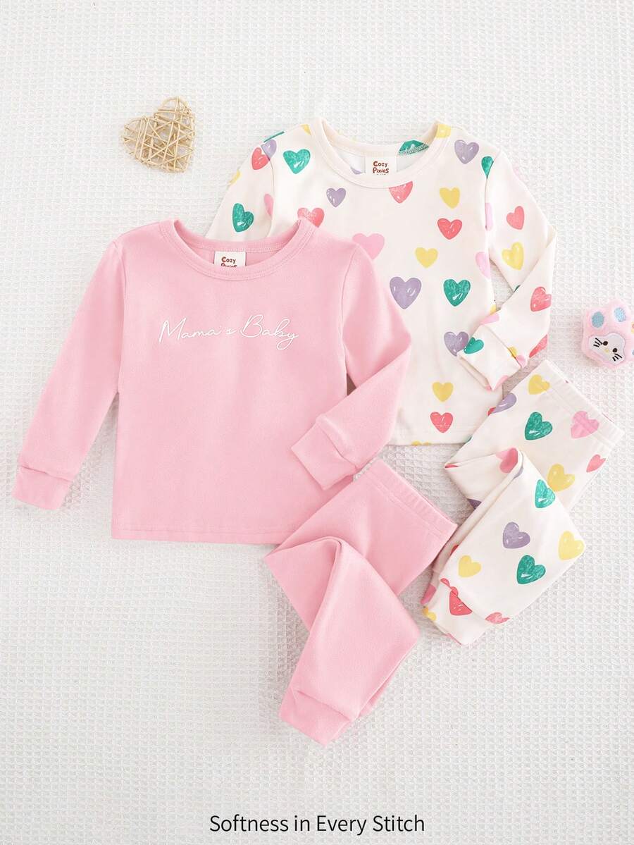 Cozy Pixies 4 件套女婴舒适睡衣套装，彩色心形印花柔软针织圆领长袖上衣和紧身裤，适合春、夏、秋、冬、情人节礼物 - 彩色 - 查看 1