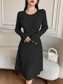 Modelyn Women's Solid Color Waist Cinched Knit Dress, Autumn/Winter