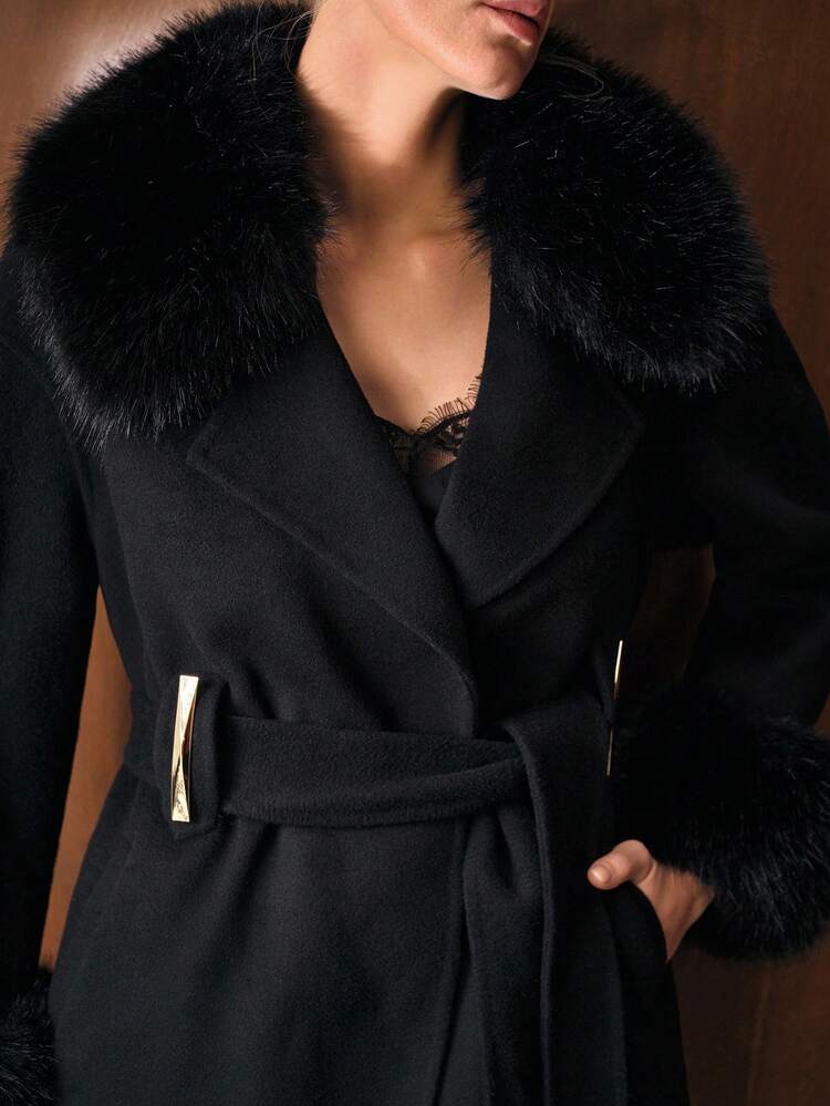 WOOL CONTRAST FAUX FUR BELTED OVERCOAT