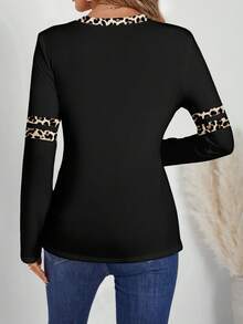 EMERY ROSE Áo thun dài tay cổ chữ V họa tiết da báo và sọc tương phản cổ điển thanh lịch dành cho nữ, thoải mái cho mùa xuân và mùa thu - Nhiều màu - Xem 2