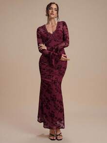 Modelyn Vestido largo de mujer con cuello en V, manga larga, estampado floral y perlas falsas - Burdeos - Ver 4