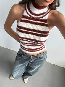 Aloruh Vintage gestreifter Rollkragen Strick Trägerhemd, Sommer, Herbst für Frauen, Damen Winter Pullover, Burgunder Top, schicker Pullover für Frauen, Tops für Ausgehen, Neujahr Frauen, Weihnachten Frauen, Halloween für Frauen, rot-weiß gestreifter Basic Pullunder, ärmelloses Pullover Top, Y2K, Old Money Stil