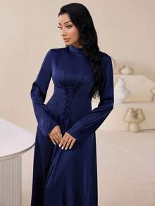 Veilorie Women's Solid Color Stand Collar Long Sleeve Waist Tie Design Elegant Arabic Dress - Blue - View 1