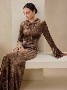 Graceveil Women's Mocha Brown Velvet Ruffle Collar Tie Waist Flare Long Sleeve Dress - Mocha Brown - View 3