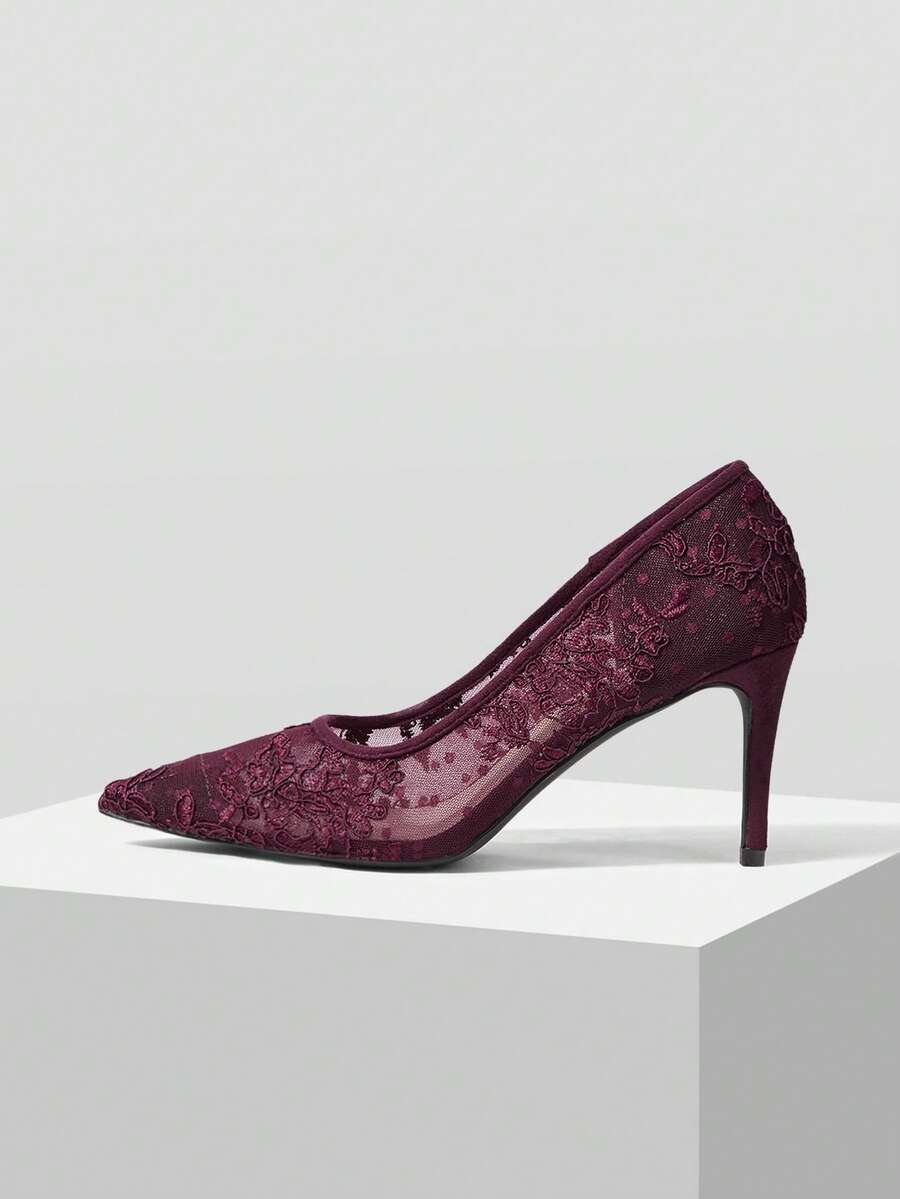 MOTF PREMIUM SEXY LACE MESH POINTED TOE STILETTO HIGH HEEL PARTY SHOES FOR CHRISTMAS - Burgundy - View 2